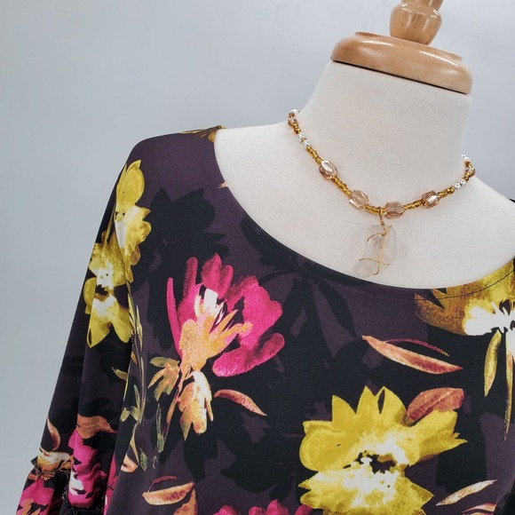 Ellen Tracy Womens L Floral Bell Sleeve Blouse Black Vibrant Dressy Work Top - Picture 5 of 13